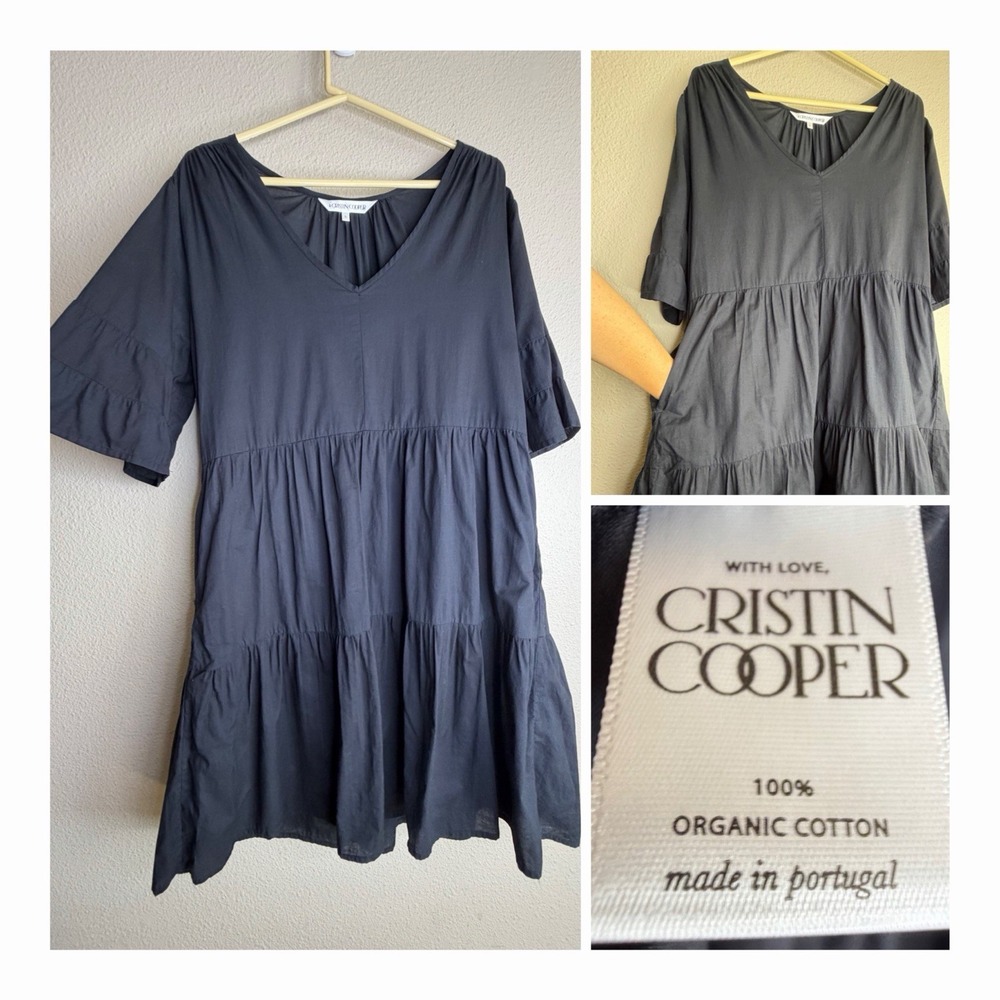 Cristin Cooper Garden Dress L Black Organic Cotton Tiered A Line Portugal